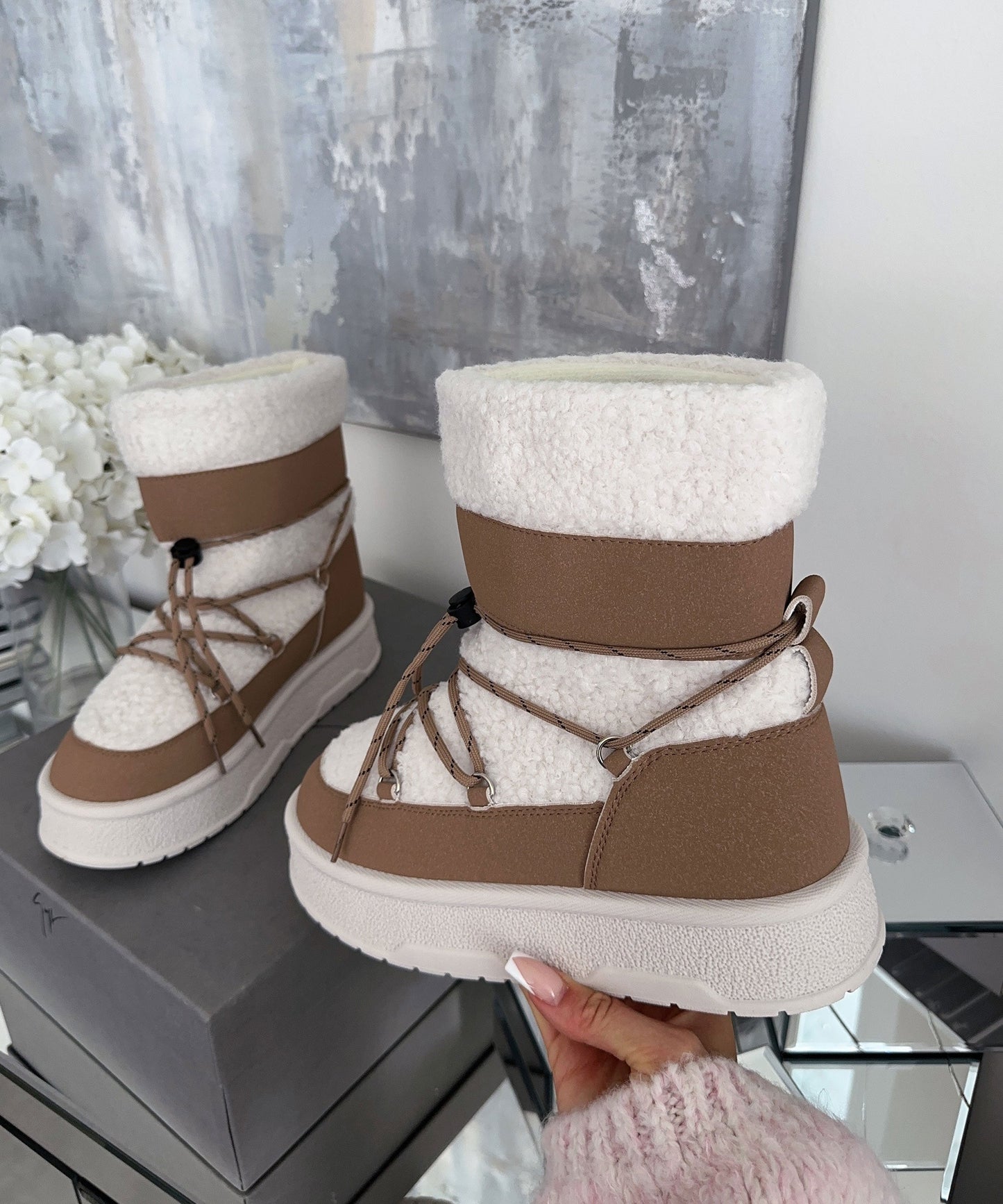 Gevoerde Teddy Snowboots - Wit-Camel