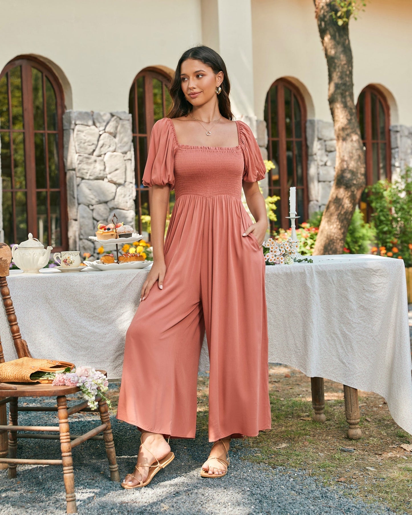 Elegante Jumpsuit met Pofmouwen in Terracotta