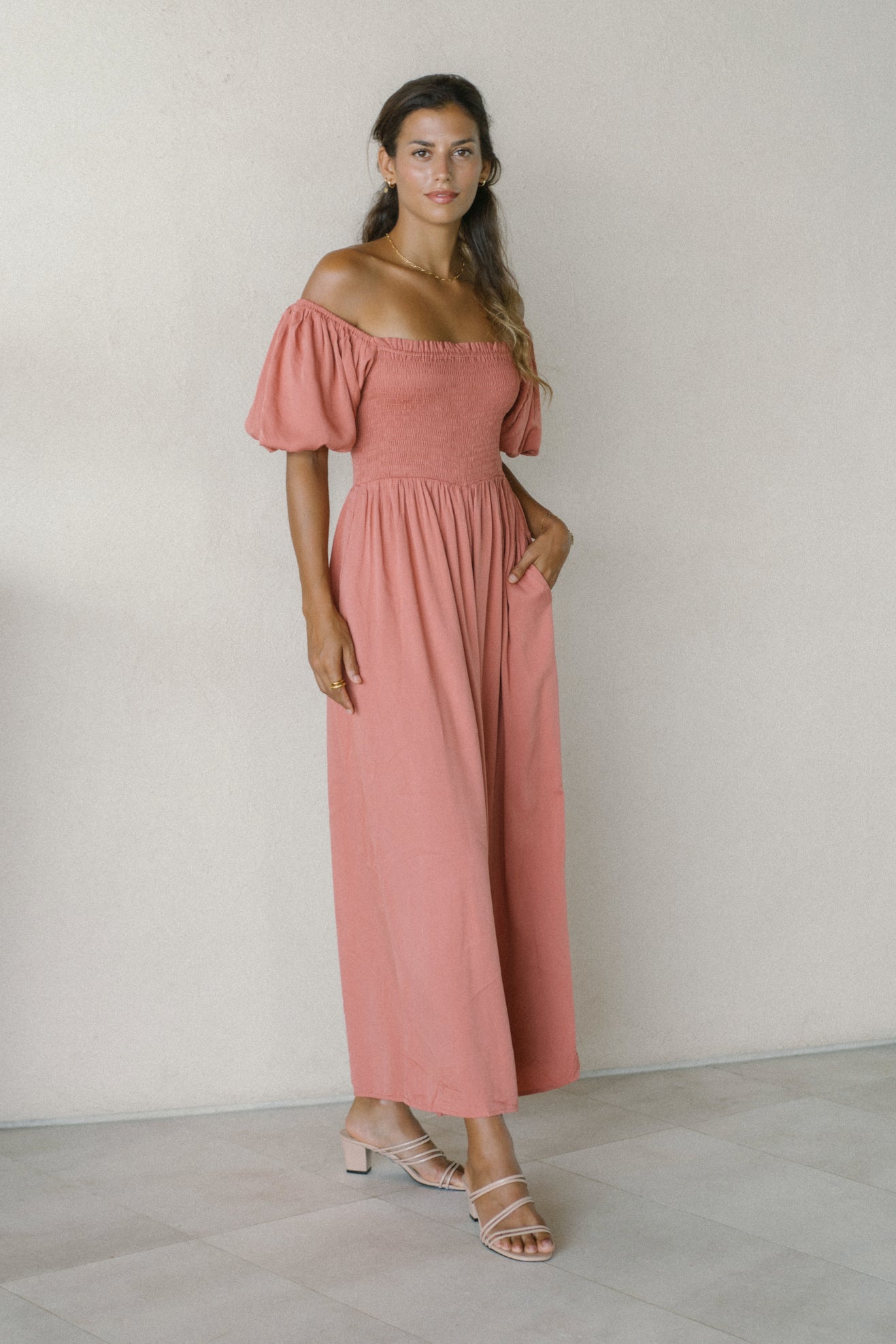 Elegante Jumpsuit met Pofmouwen in Terracotta