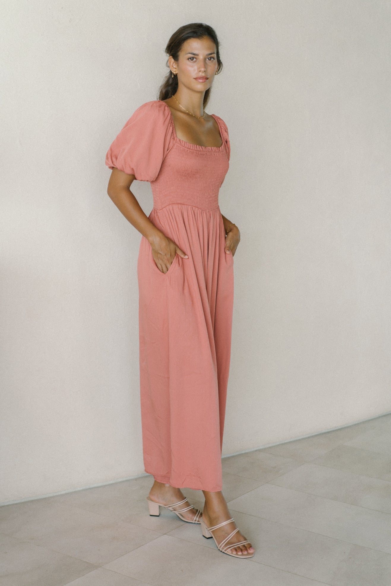 Elegante Jumpsuit met Pofmouwen in Terracotta