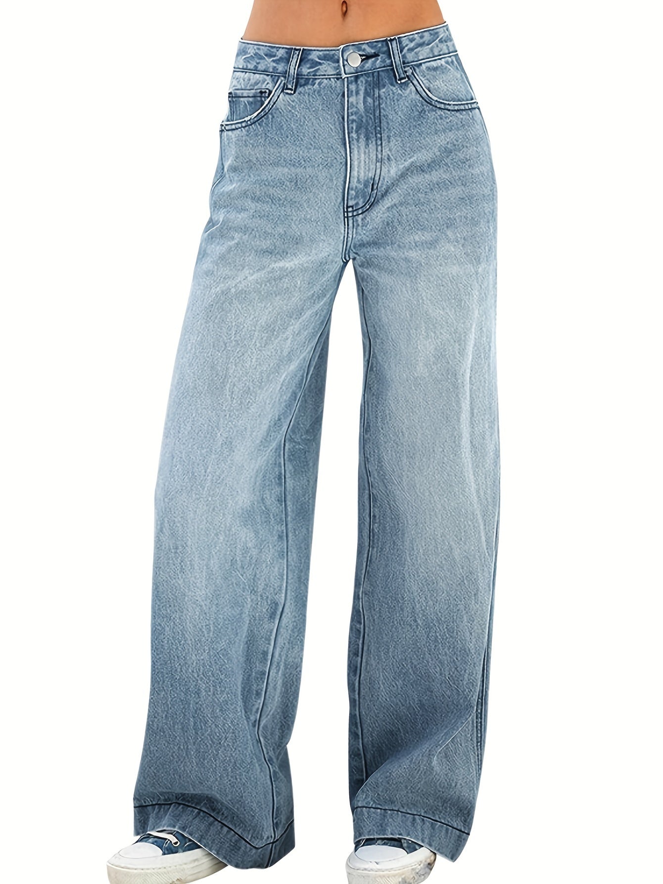 Gewassen Blauwe Denim Jeans met Wijde Fit