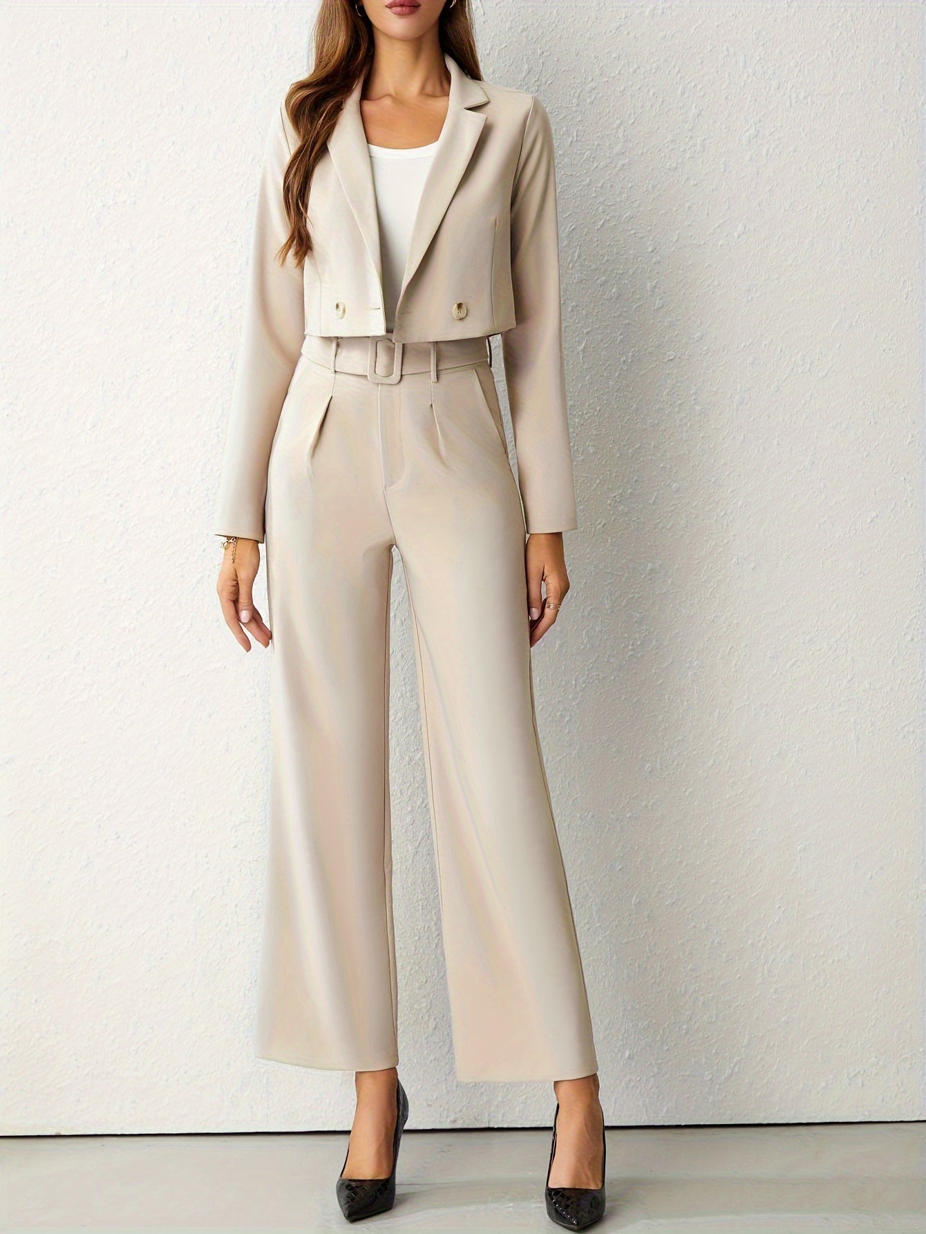 Elegante Beige Blazer & Broek voor Dames - Tweedelige Set