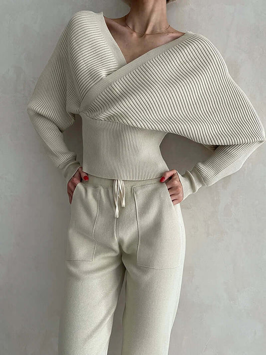 Loungewear met Open-Shoulder Sweater en Broek - Tweedelige Set