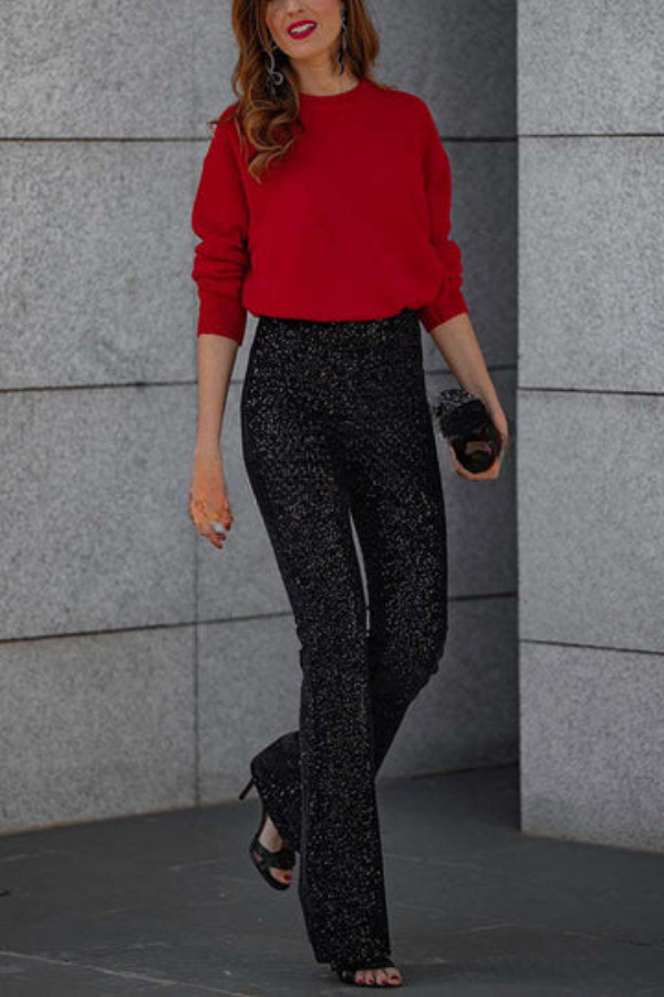 Sparkling Flared Pants met Hoge en Elastische Taille