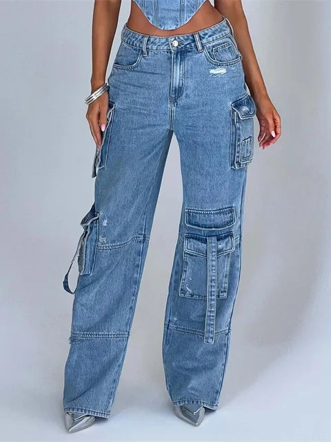 Cargo Jeans met Hoge Taille en Wijde Pijpen