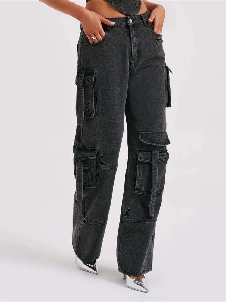 Cargo Jeans met Hoge Taille en Wijde Pijpen