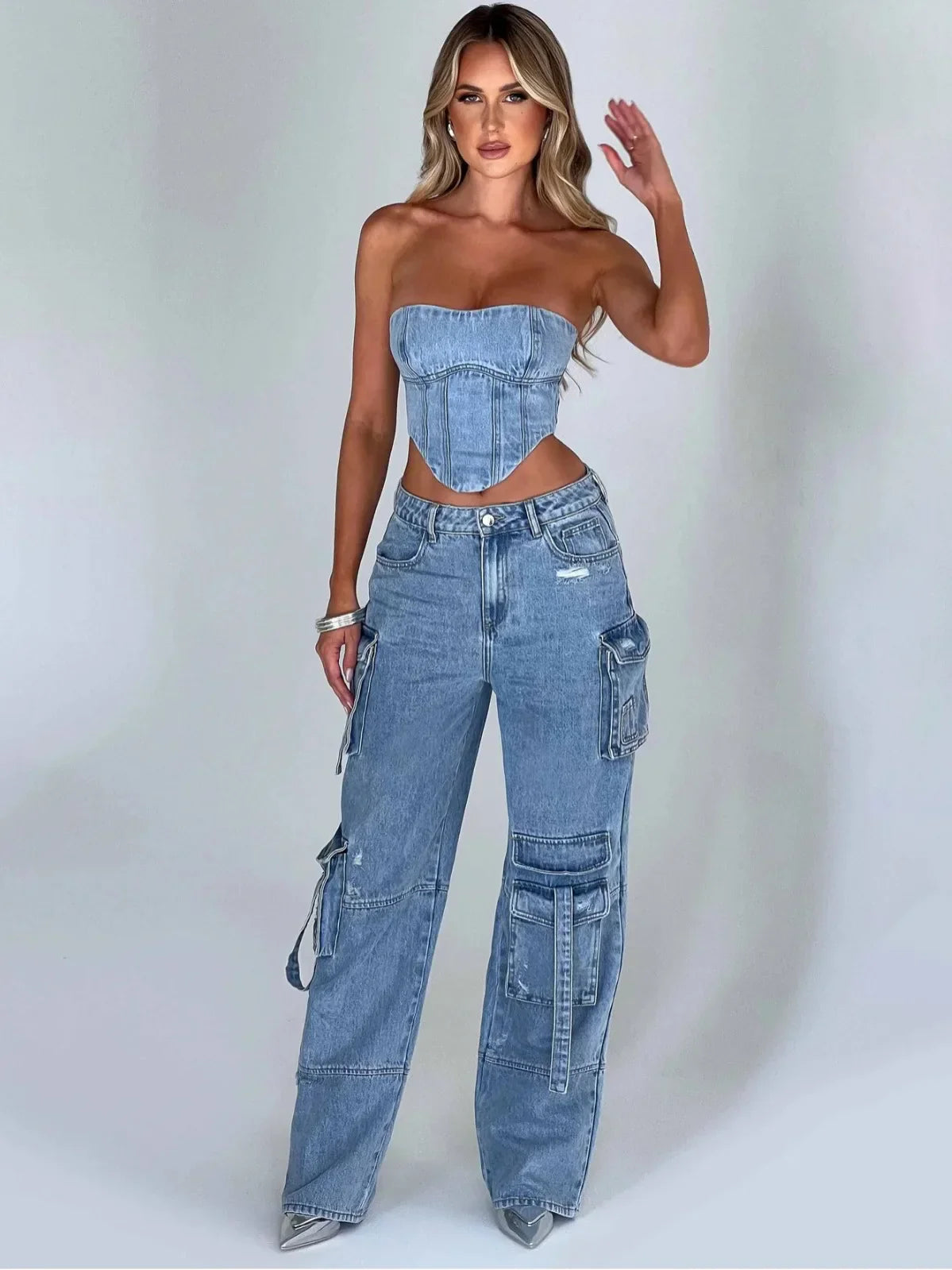 Cargo Jeans met Hoge Taille en Wijde Pijpen