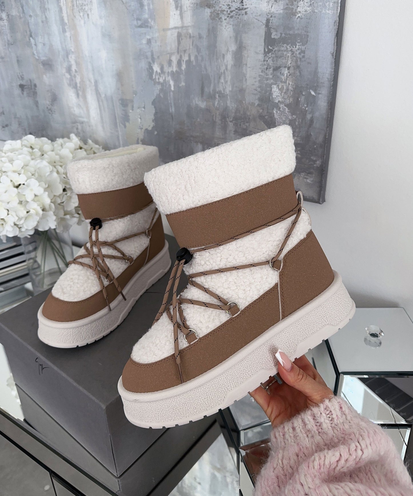 Gevoerde Teddy Snowboots - Wit-Camel