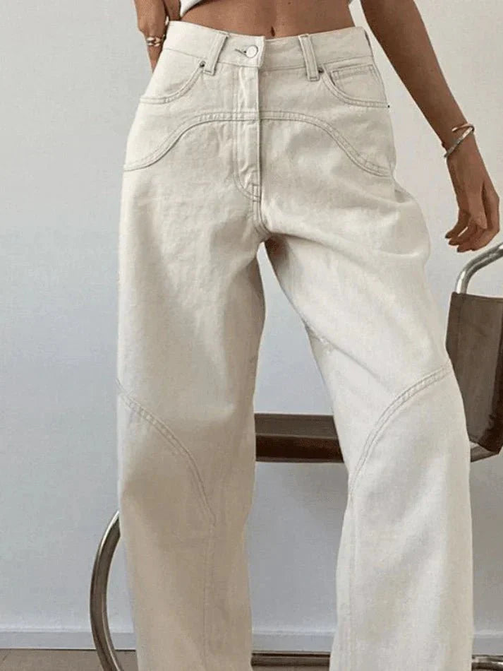 Witte Baggy Jeans met Nadendetail