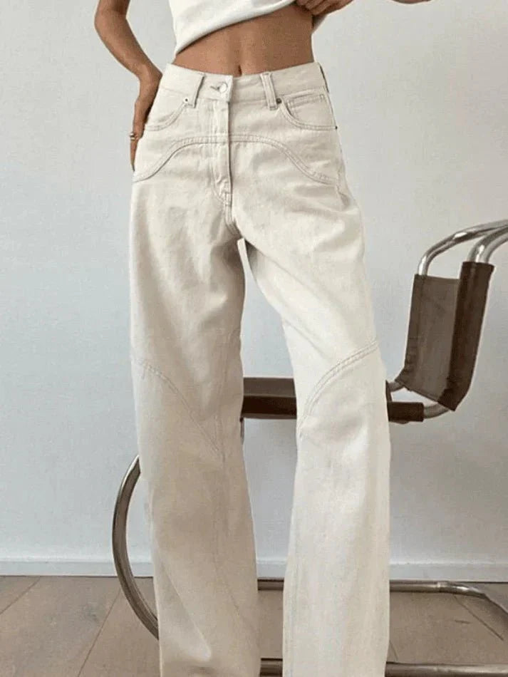 Witte Baggy Jeans met Nadendetail