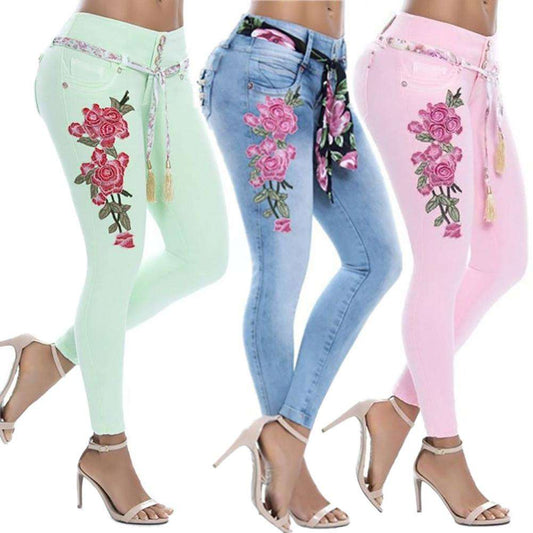 Skinny Jeans met Geborduurde Bloemen